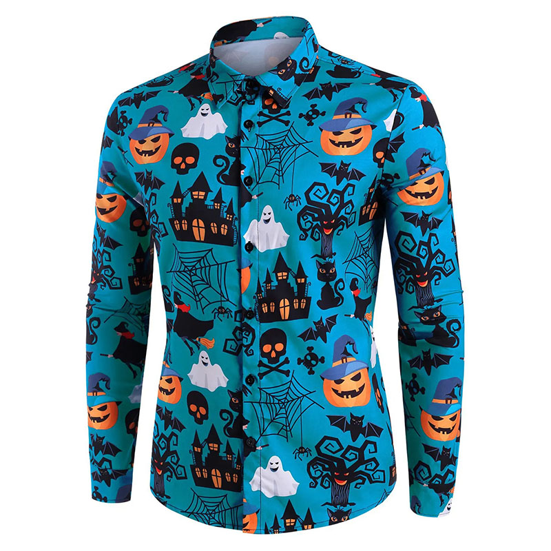 

Halloween men's castle pumpkin skull print button shirt, White;black