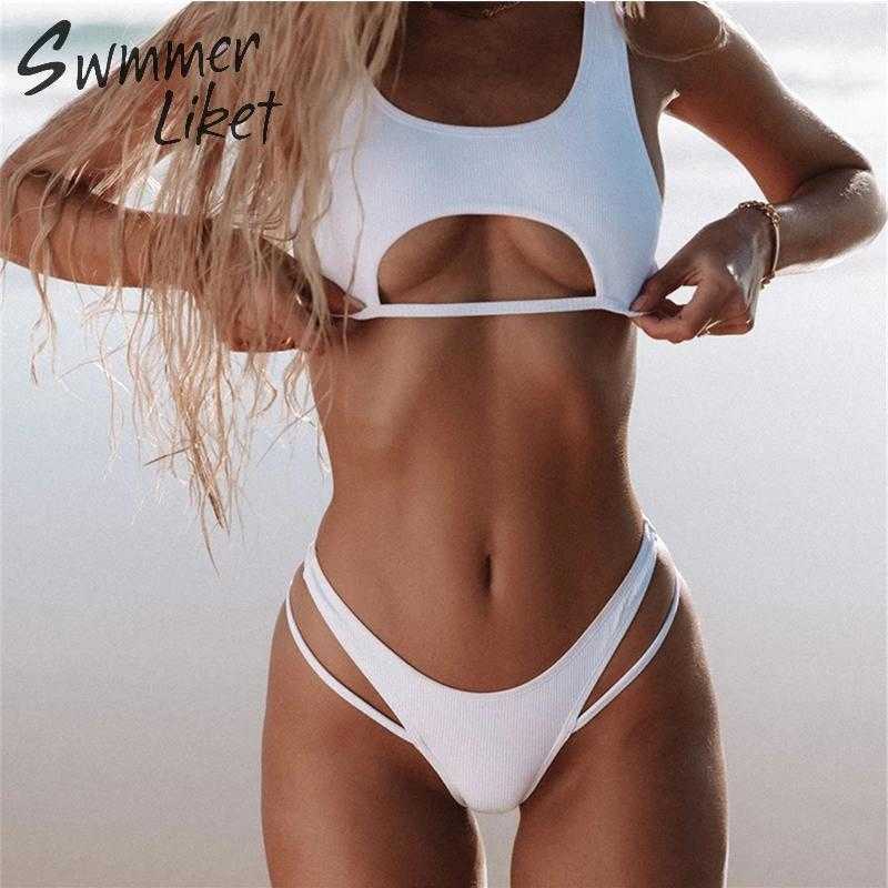 Sexy hollow out bikini Solid white swimwear women High cut swimsuit female Push up bathing suit two piece suit biquini T200713-image-555519788