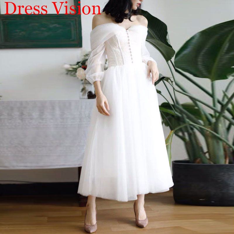 

Off The Shoulder Long Sleeves Short Wedding Dress Robe De Soire De Mariage Vestido De Noiva suknia lubna, White