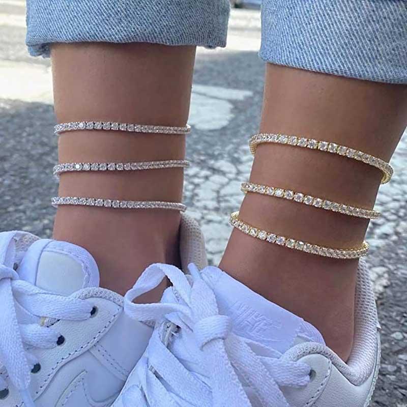 

Anklets Iced Out Chain Tennis Bracelets For Women Dazzling 4mm Cubic Zirconia Silver Color Trend 2021 Foot Jewelry OHA001