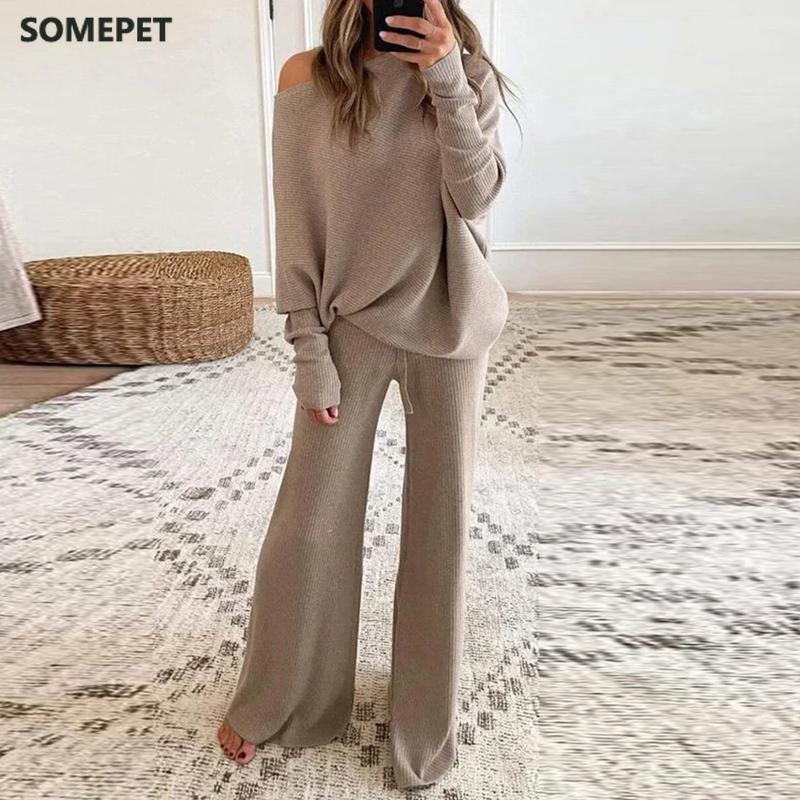 

Women's Two Piece Pants Fashion 2-piece Long-sleeved Suit Knitted Sweater Pullover Wide-leg Ladies Round Neck Casual Tracksuit, White