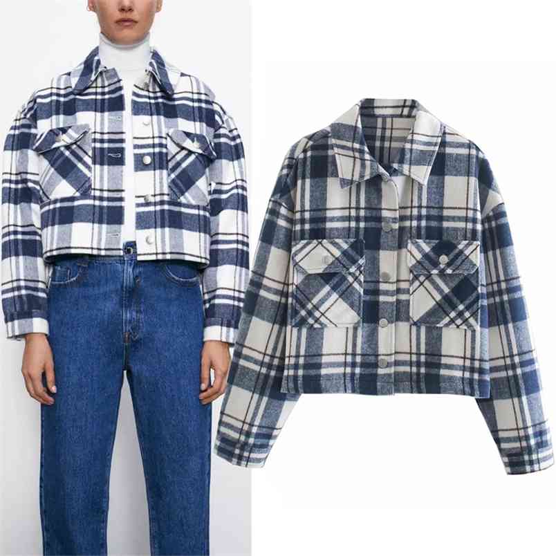 

Autumn Blue Plaid Cropped Jacket Women Vintage Long Sleeve Lapel Collar Button-up Overshirt Ladies Fashion Loose 210519