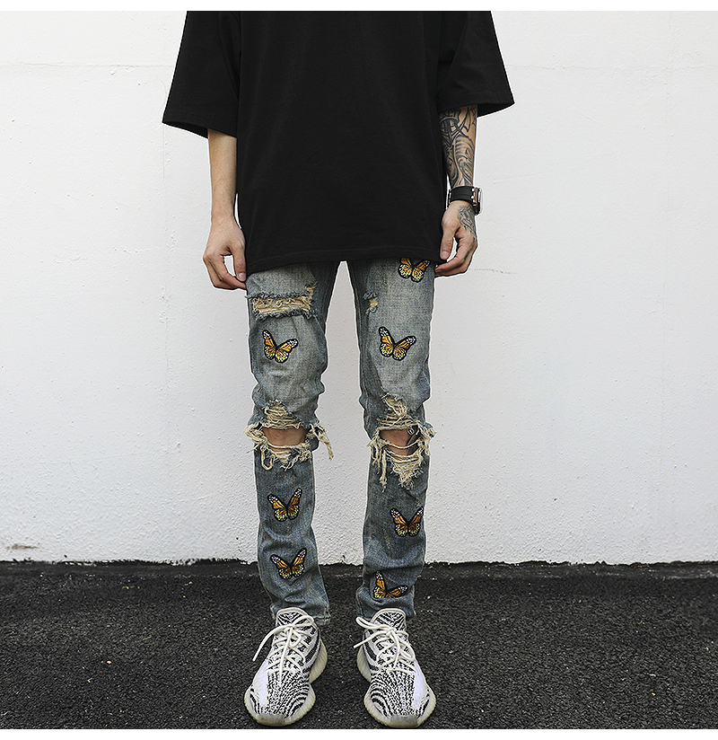 

High Street Ripped Embroidery Jeans Slim Fit Men's Fashion Hole Skinny Denim Pants Retro Casual Trousers, Yc8623 blue