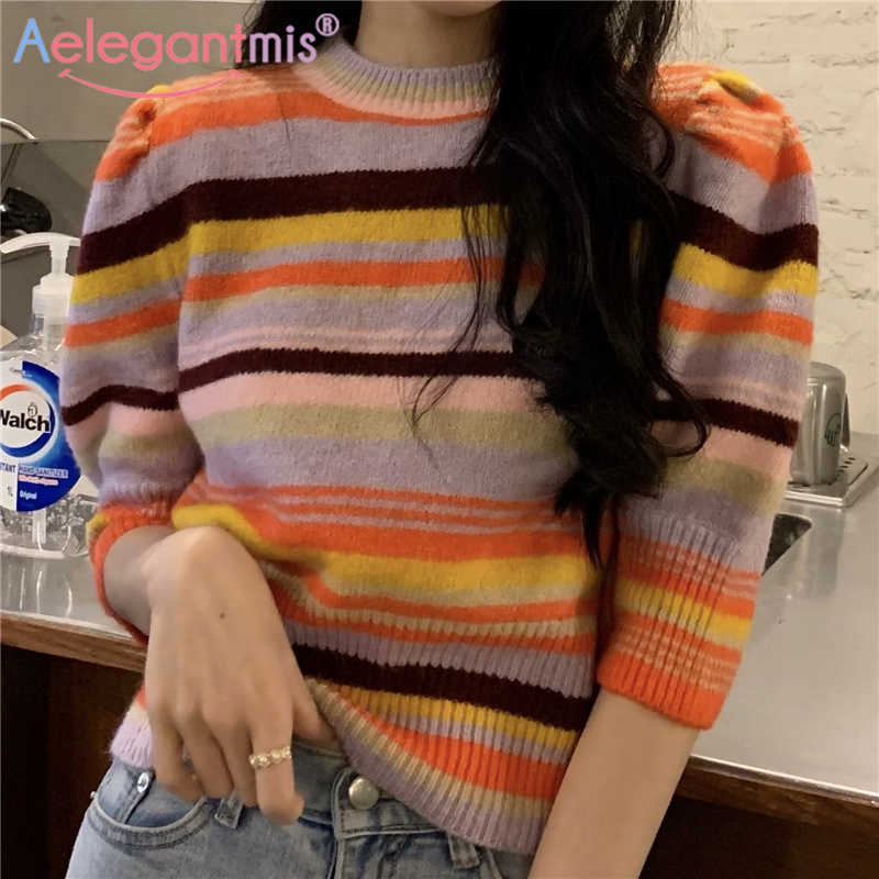 

Aelegantmis Short Sleeve Rainbow Sweaters Pullover Spring Slim Basis Retro Stripes Femlae Knit Elasticity Knitted Tops Cozy 210607, As shown
