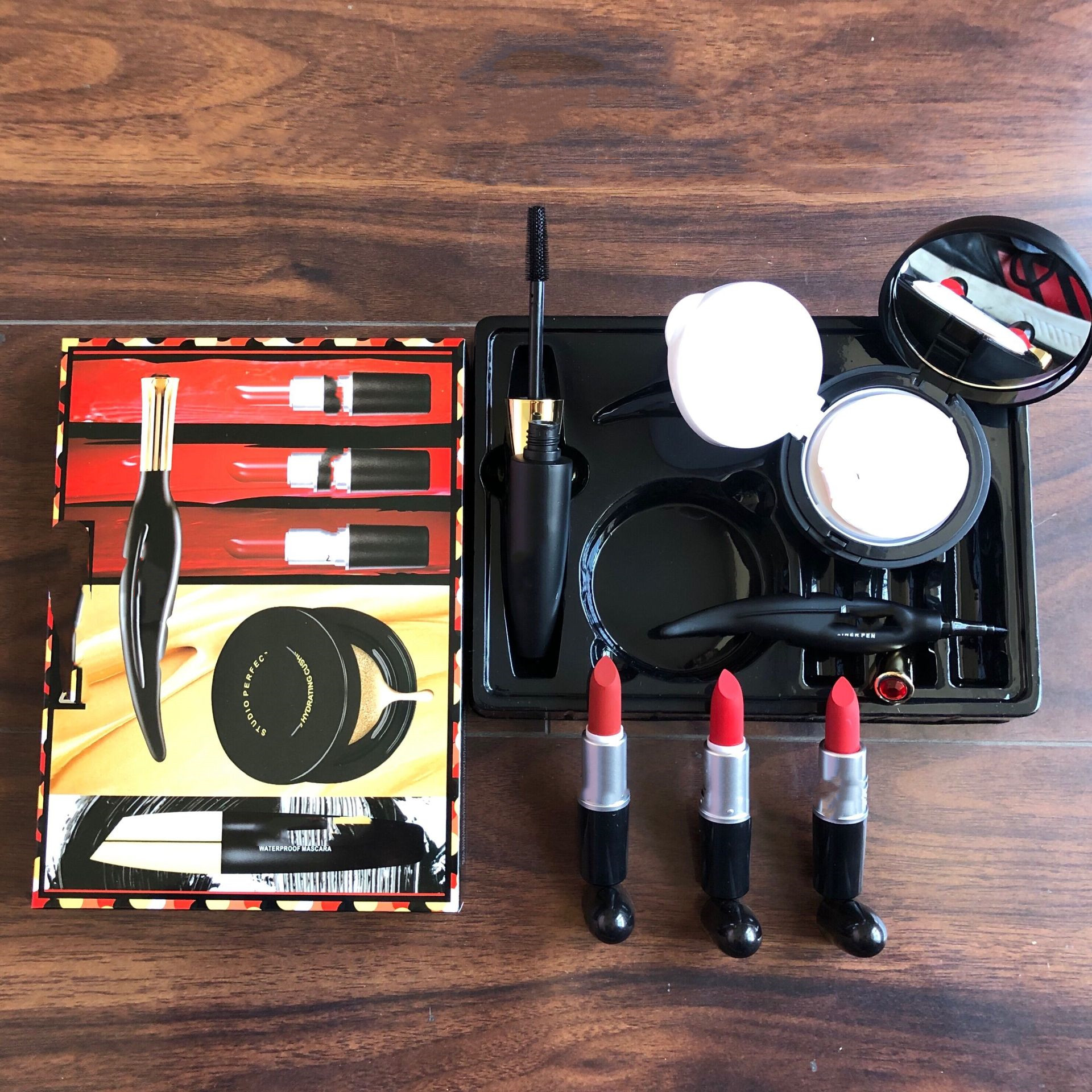 

10pcs DHL Brand 6pcs Makeup Set Cosmetic Bundle 3 lipsticks+1 mascara+1 eyeliner+1 cusion makeup kit Christmas Gift