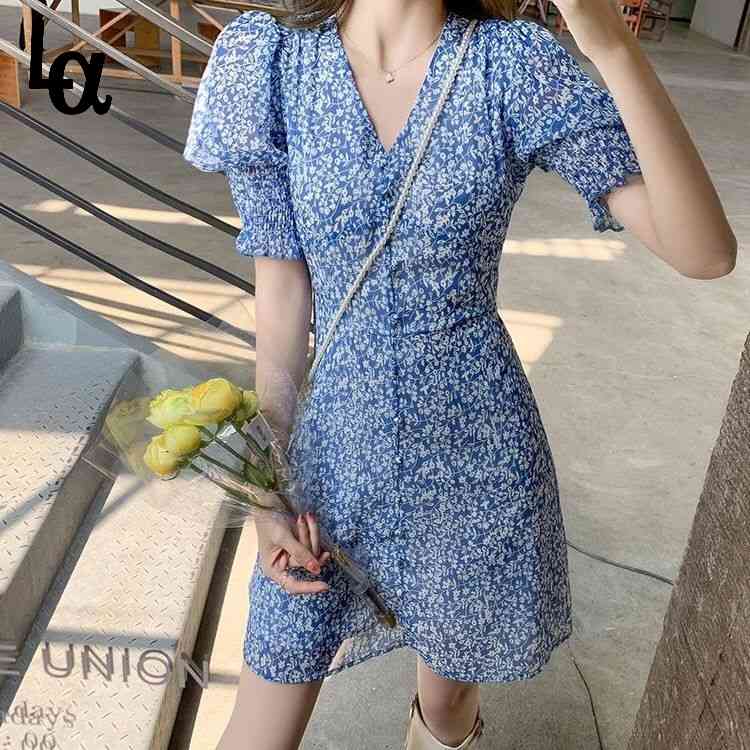 

Elegant Floral Dress Women Sweet Vintage Temperament Cuaual Sexy Mini Chiffon V-neck Party Beach Summer 210519, Blue floral dress