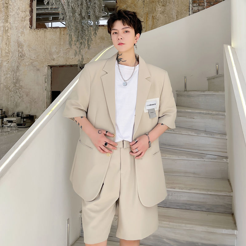 

2021 New Chest Label Design Men's Short Sleeve Single Breasted Suit Coat Summer Handsome Black Blazer Clothing korean Y7848, White;black