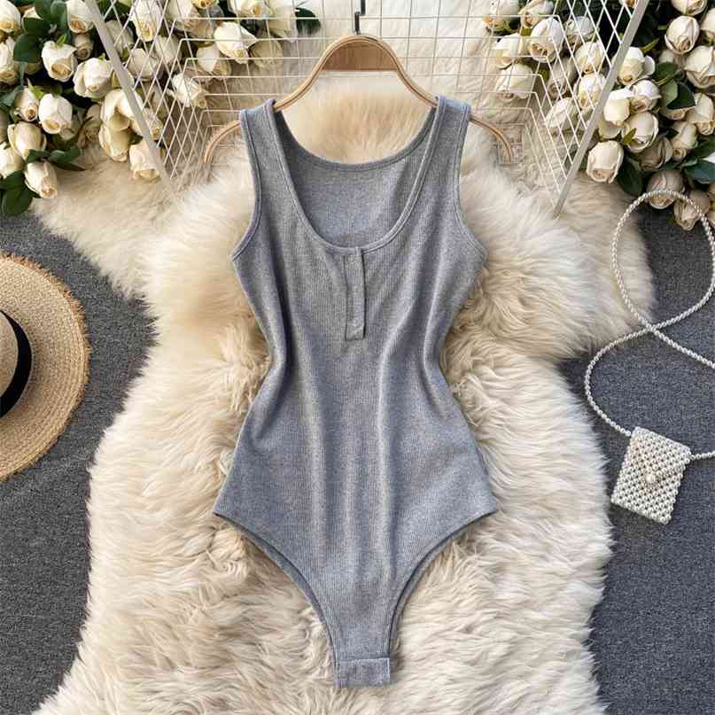 

Women's Bodysuit Solid O-neck Sleeveless Summer Slim Stretch Rib Knit Tank Top Button up Casual Female Romper Bodysuits 210603, Gray
