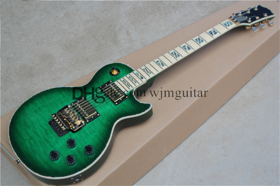 

factory custom electric guitar,custom le guitar,green squlited maple veneer body,rosewood fretboard,tremolo bridge,colors shell inlay