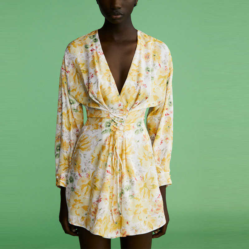 

Za Vintage Flower Print Summer Dress Women Long Sleeve Lacing Waisted Yellow Beach Dresses Woman Side Zip Mini Pleat Dress 210602, As picture