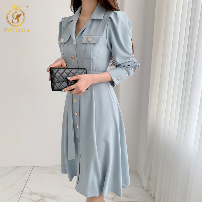 

Fashion Spring Korea Shirt Dresses Women' Long Sleeve Office Lady Slim With Belt A-Line Female Dress Robe 210520, Photo color