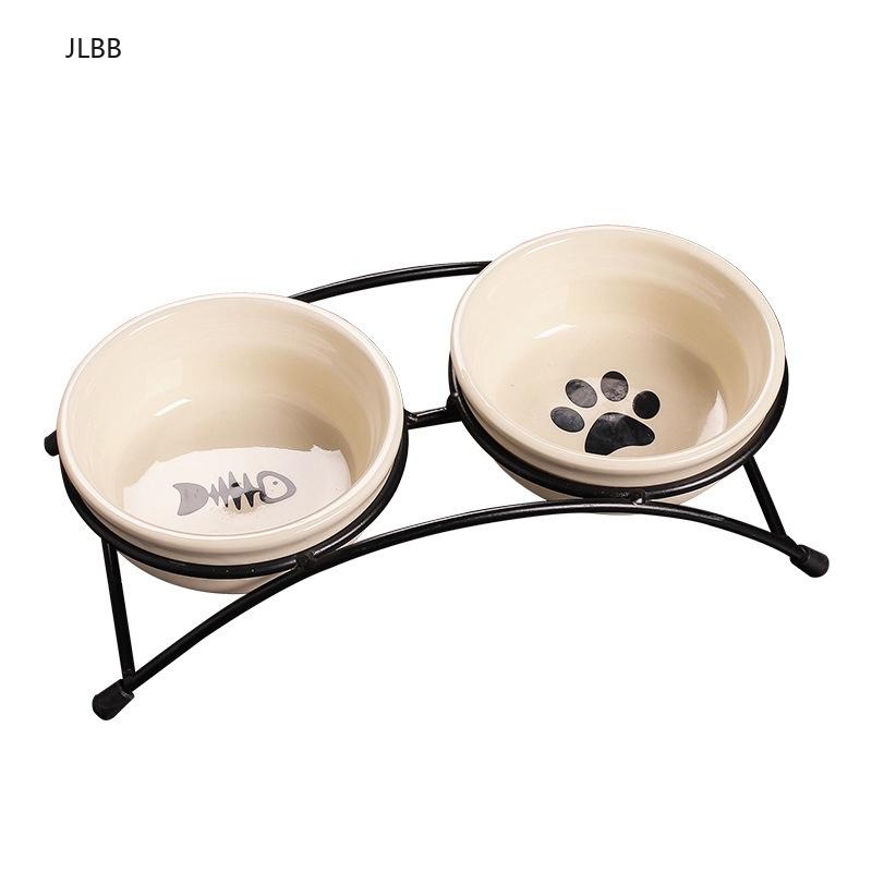 

Double Ceramic Cat Bowl Set Feeder Tableware With Metal Bracket For Cats And Dogs, White Bowls & Feeders