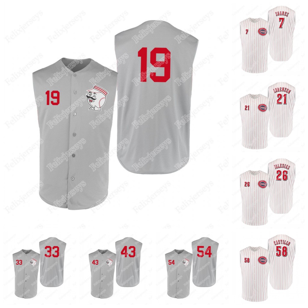 

Cincinnati 1961 Sleeveless Jersey 19 Joey Votto Eugenio Suarez Jesse Winker Scott Schebler Jose Peraza Raisel Iglesias Trevor Bauer Tucker B, Blue;black