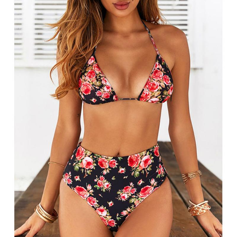 

Women' Swimwear High Waist Padded Swimsuits Women Sexy Summer Two Pieces Bikini Set Halter Bra Top Briefs Floral Beachwear Bathing Suit