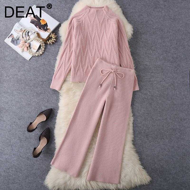 

DEAT Women Knitted Sweater Half High Collar Long Sleeve Drawstring Casual Pants Two Piece Set Fashion Spring Winter 210709, Black
