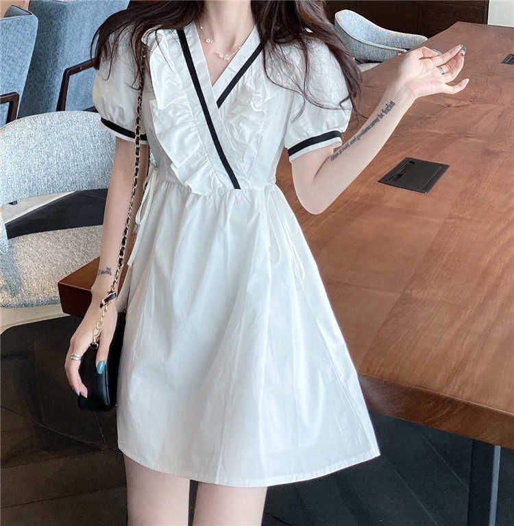 

Summer Women White A-Line Dress Sweet Ruffles Patchwork Feminine Elegant Puff Short Sleeve Casual Mini 210526, Photo color