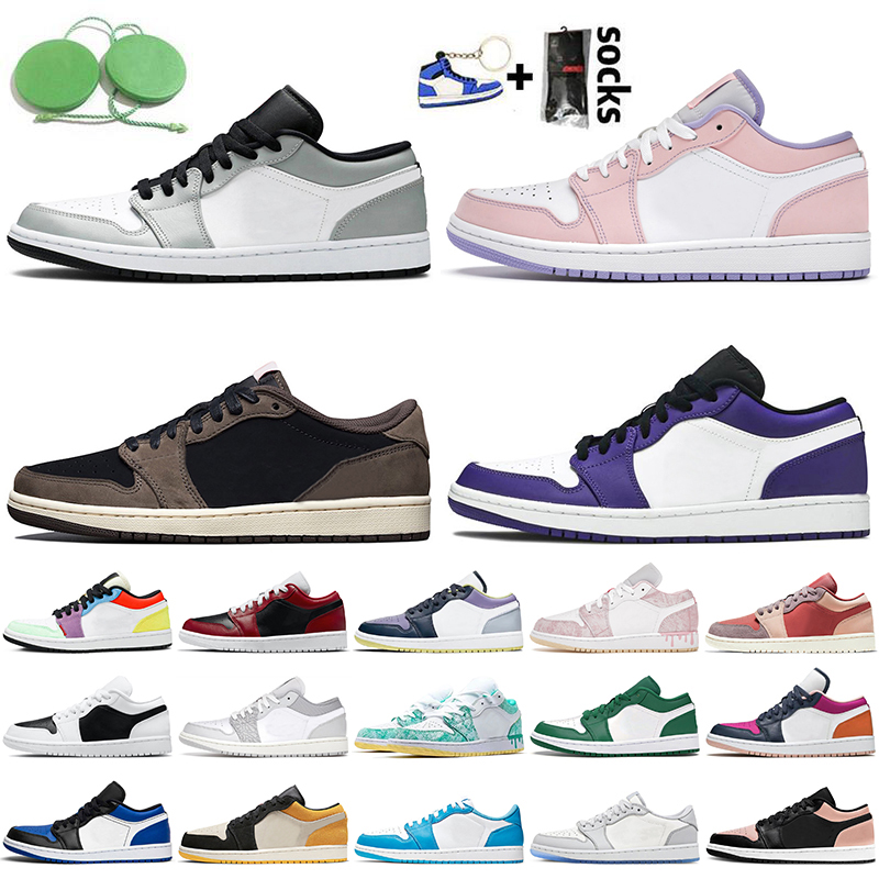 

Women Mens JUMPMAN 1 1s Low Basketball Shoes Light Smoke Grey Arctic Punch Travis Scotts Court Purple Trainers Paint Drip Crimson Tint Sneakers, No.34 midnight navy 36-46