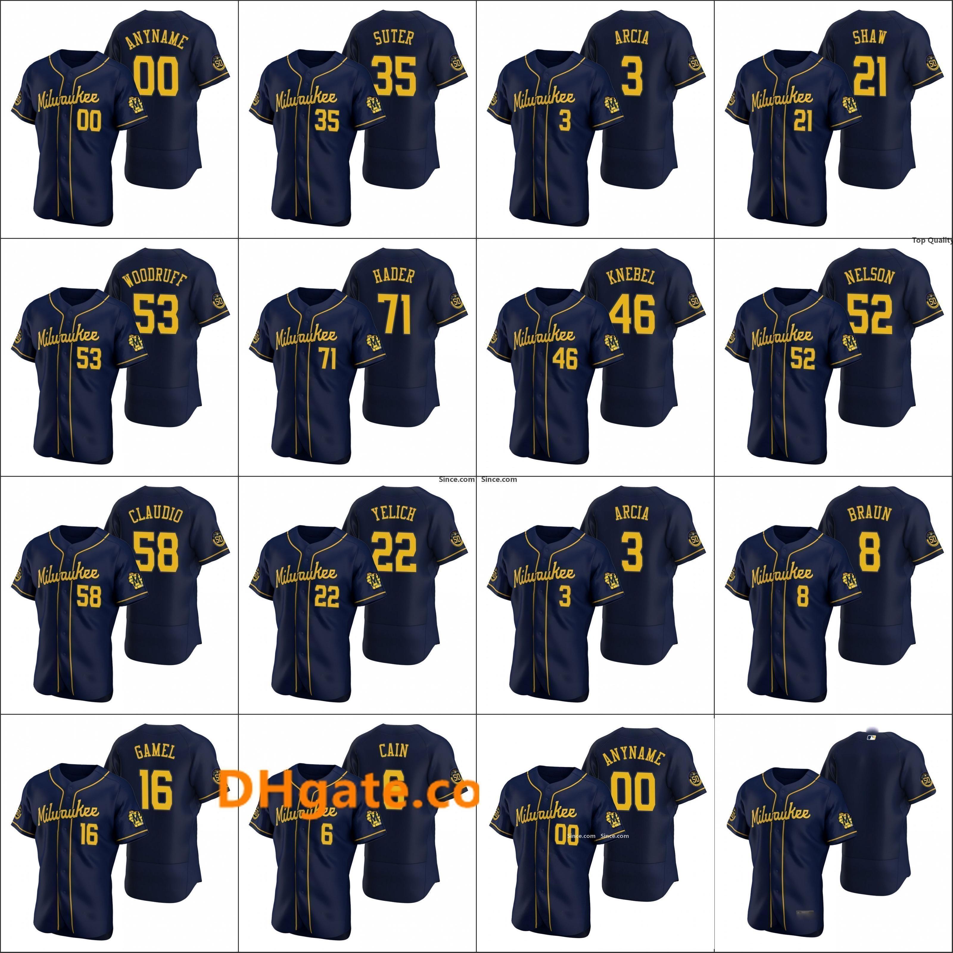 

Milwaukee #22 Christian Yelich Brewer Jeresys Ben Gamel 3 Orlando Arcia Men Women Youth Toddler Custom Navy Authentic 2020 Alternate Jersey