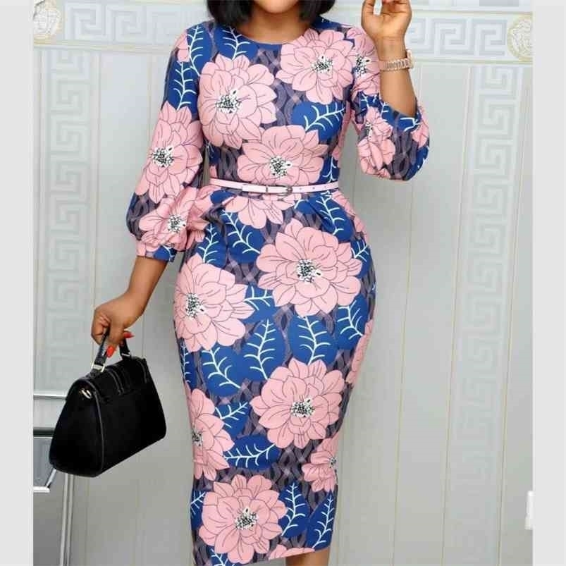 

Women Bodycon Printed Dress Three Quarter Sleeves Midi Office Ladies Work Wear Elegant Classy Vestidos African Female Plus Size 210701, Pink