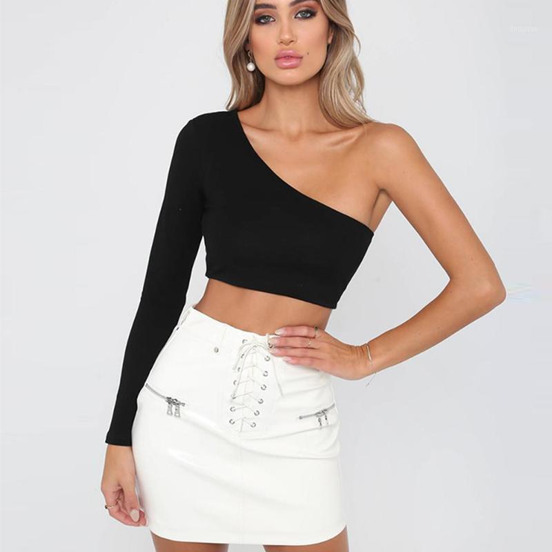 

Summer Women's Tight-fitting Short Top Casual One-shoulder Long-sleeved T-shirt Red White Sexy, Khaki