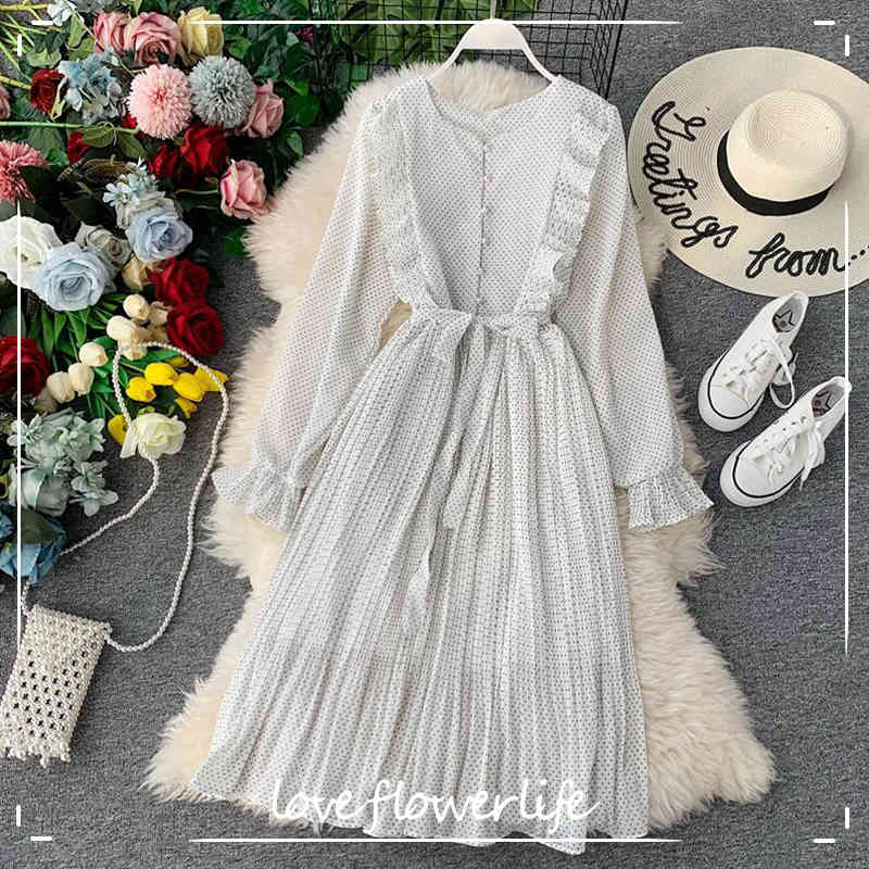 

Spring Summe Women Dress Casual Long Sleeve Polka Dot Print A-Line Party Dresses Eleagnt Ruffles Slim Pleated Dress 210521, Red