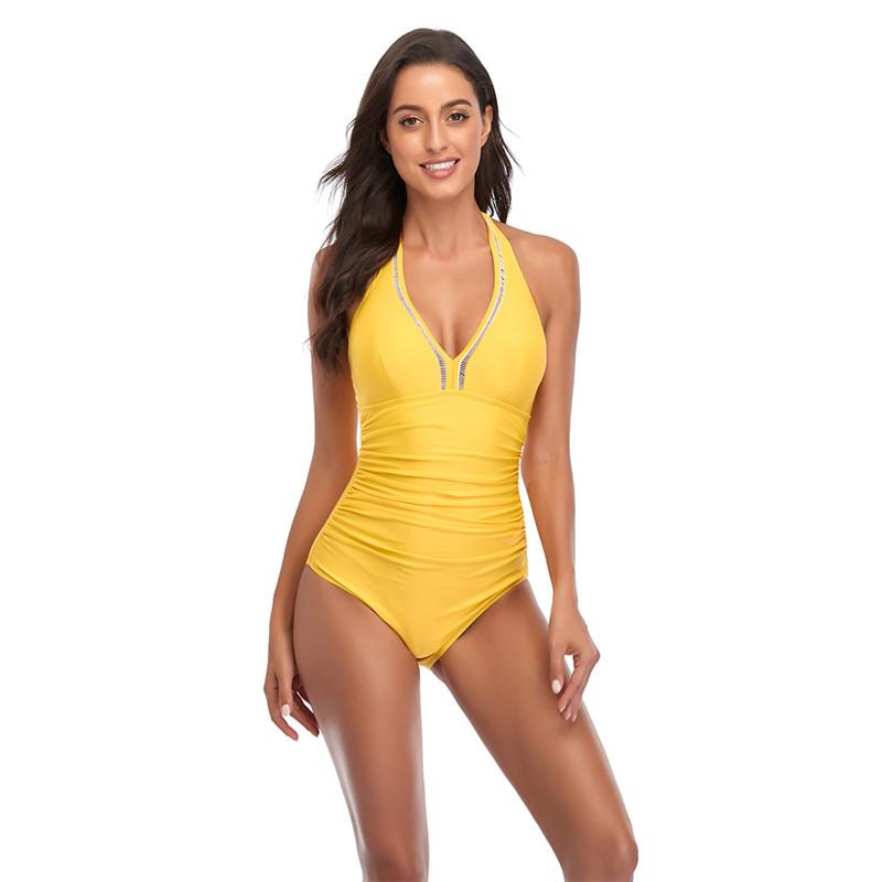 

Two-piece Suits Yellow Swimsuit Women One Piece Bathing Suit Sexy V-neck Full Monokini Vintage Ladies - XXL One-piece Female Plus Size Onep