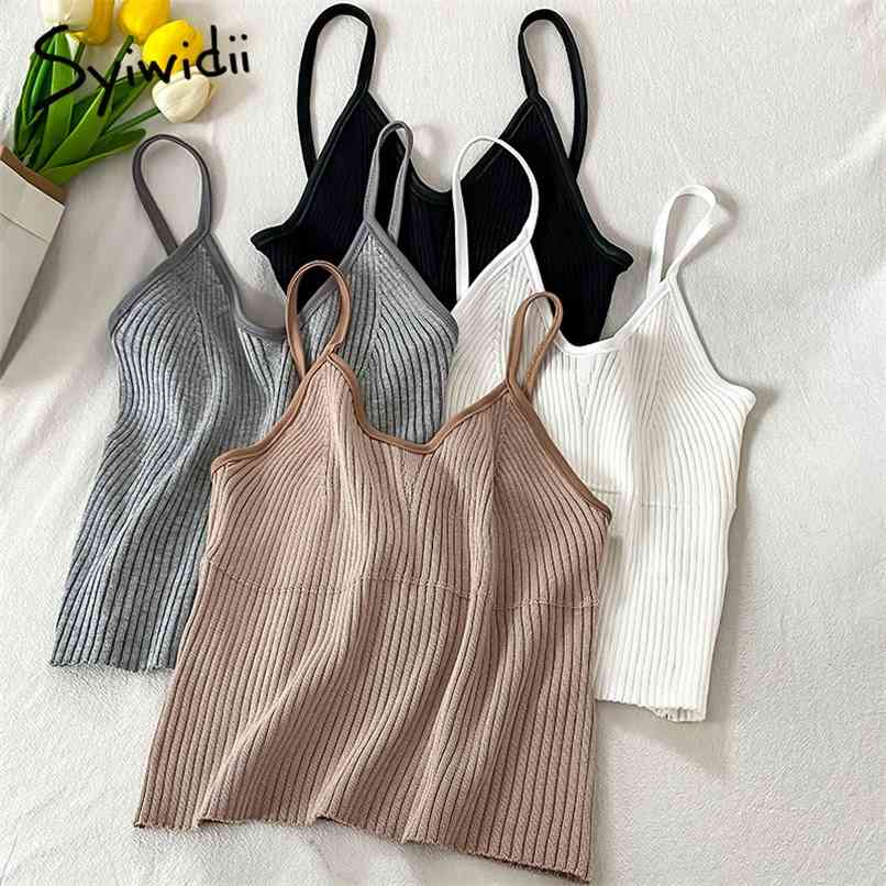 

Screw Thread Knitted Tank Top Women V-Neck Casual Sexy White Camis Tops Summer Korean Fashion Short Clothing 210607, Khaki