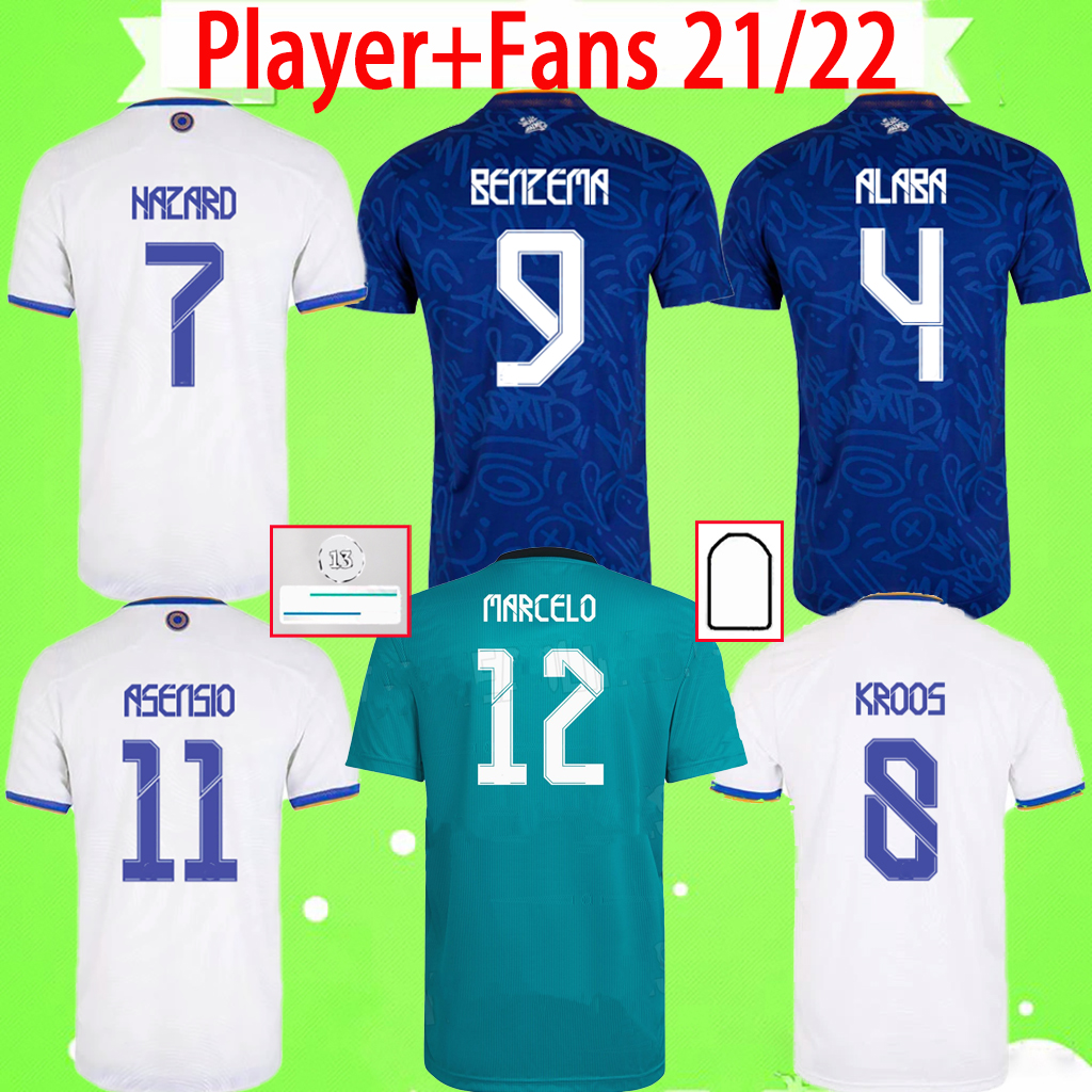 

Player + Fans version soccer jerseys 2021 2022 Real Madrid Maillots de football shirts 21 22 home away third green fourth camiseta BENZEMA SERGIO RAMOS uniforms S-2XL, 2021/2022 fans