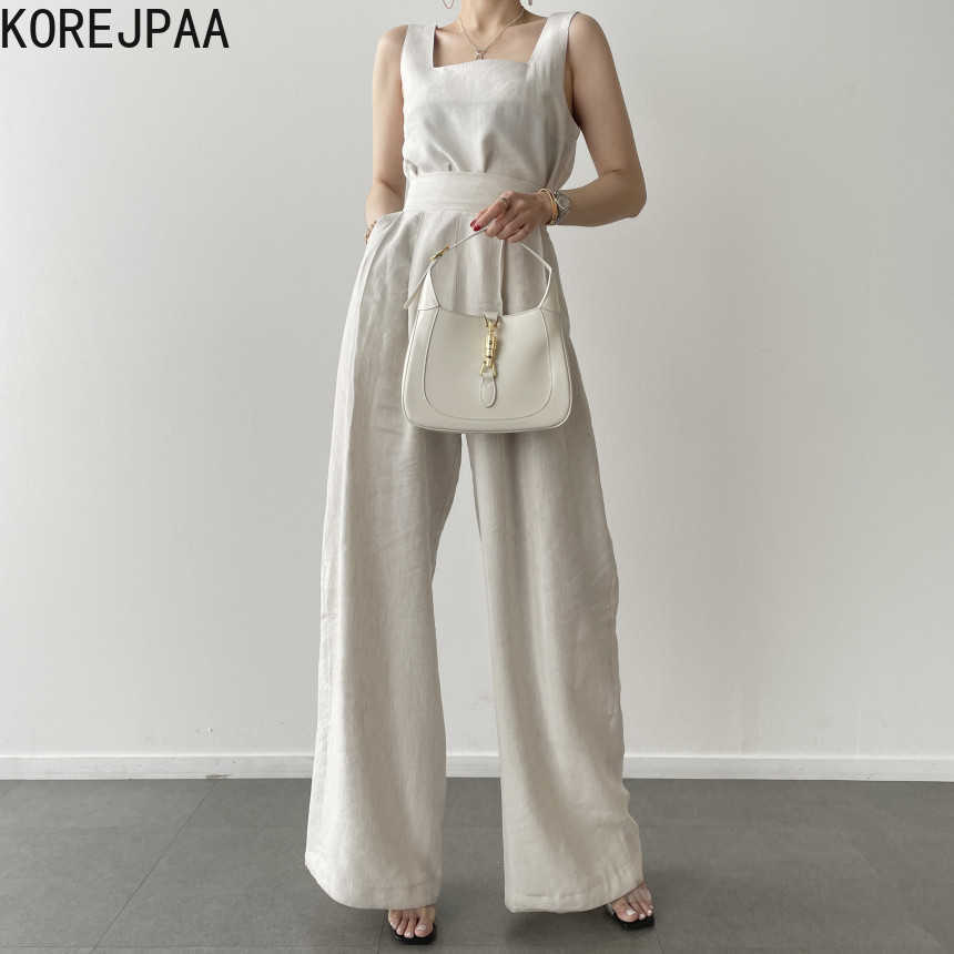 

Korejpaa Women Set Summer Korean Chic Minority Square Neck Clavicle Loose Vest Top High Waist Pleated Wide Leg Casual Pants 210526, Apricot top