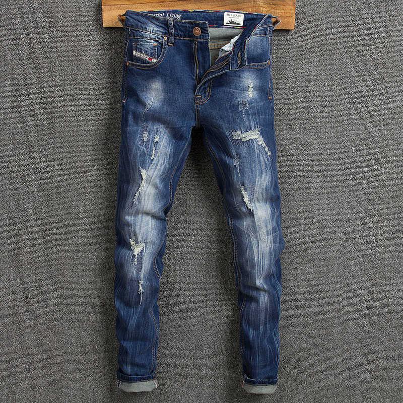 

Streetwear Fashion Men Jeans Retro Dark Blue Destroyed Ripped for Elastic Cotton Slim Fit Designer Hip Hop Punk Pants