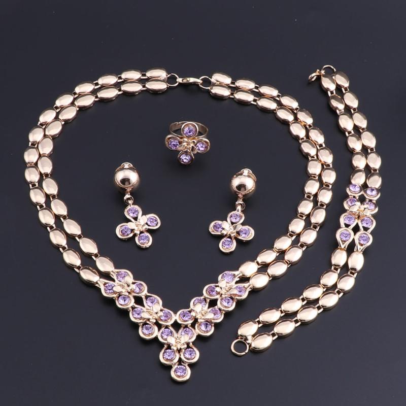 

Earrings & Necklace OEOEOS African Beads Jewelry Set Gold Color Purple Crystal Women Wedding Bracelet Earring Ring, As pic