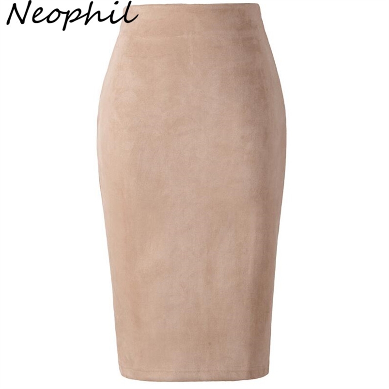 

Neophil Winter Women Suede Midi Pencil Skirt High Waist Gray Pink XXL Sexy Style Stretch Wrap Ladies Office Work Saia S1009 210721, Khaki