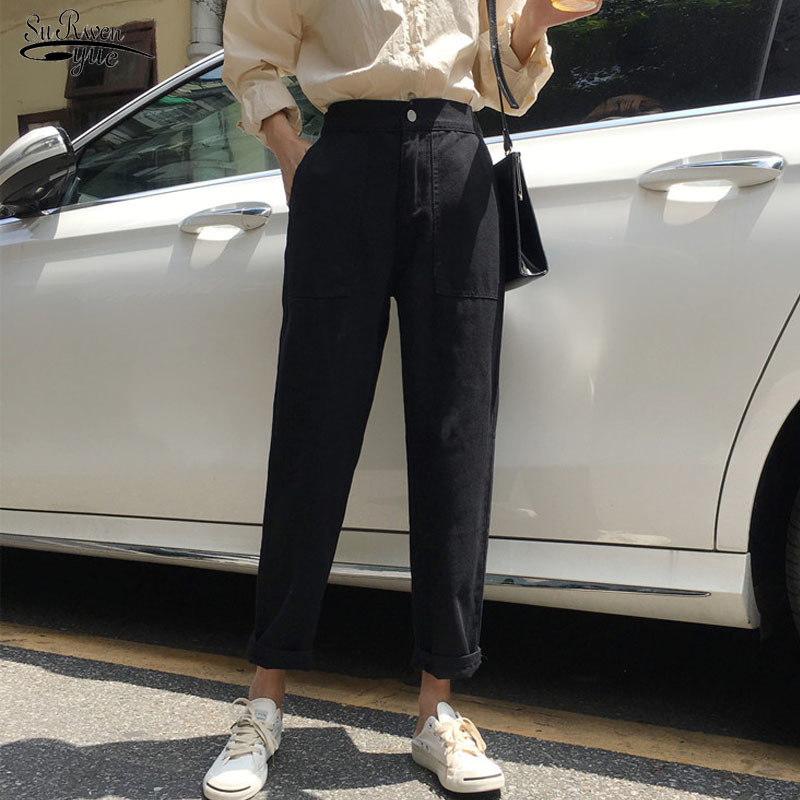 

Jeans Women Elastic High Waist Big Pockets Loose Casual Wide Leg Pants Students Denim Fashion Style All-match Chic 10758 210521, Black