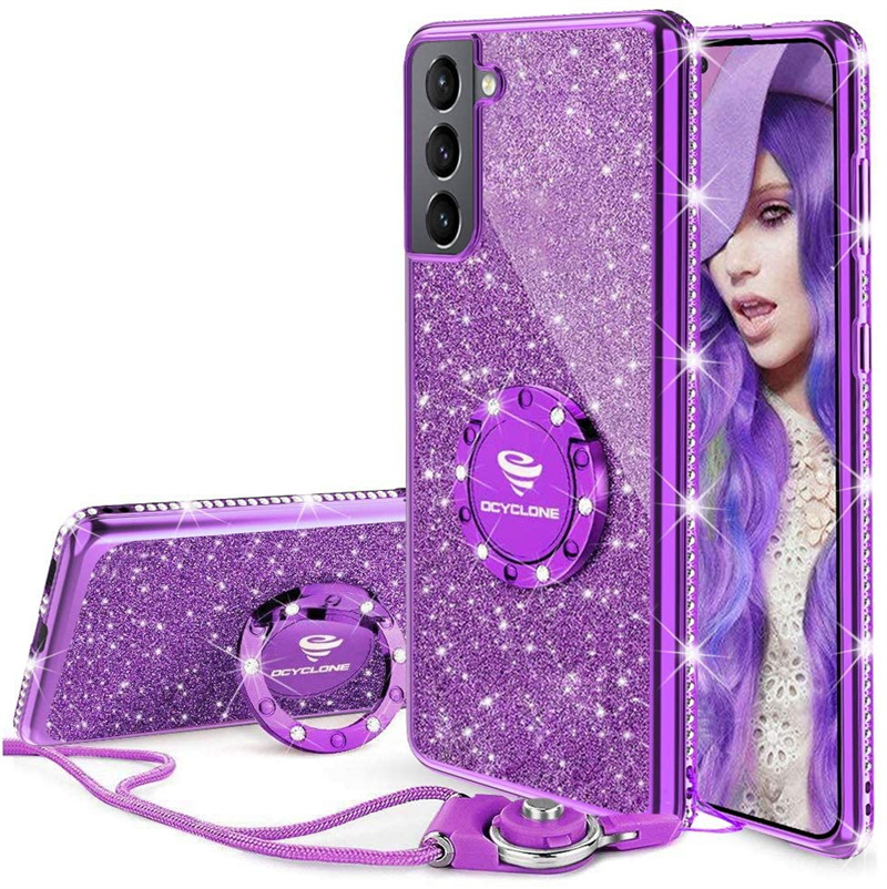 2021 Women Girls Glitter Cute Phone Cases with Ring Kickstand, Bling Diamond Rhinestone Bumper Protective Soft Case for iPhone13 12 11 Pro Galaxy-image-692314886