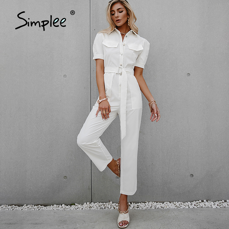 

Simplee White puff sleeve lace-up women jumpsuit Fashion outfit high street solid summer jumpsuits 2021 Casual button jumpsuit, Green