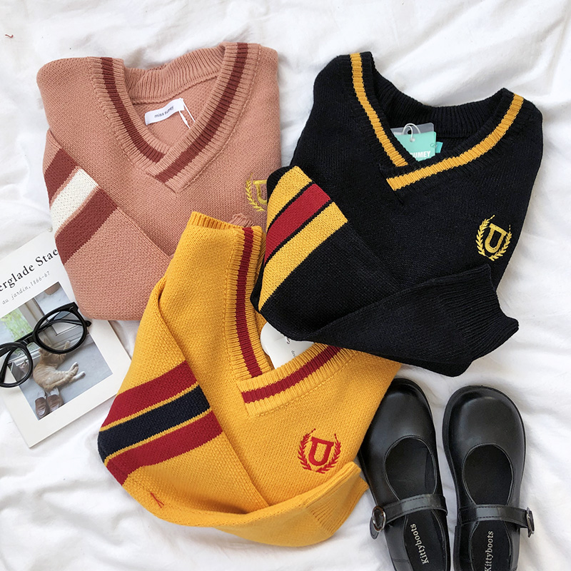 

3 colors autumn and winter preppy style v neck color patchwork knitted sweaters womens pullovers womens (X704), White;black