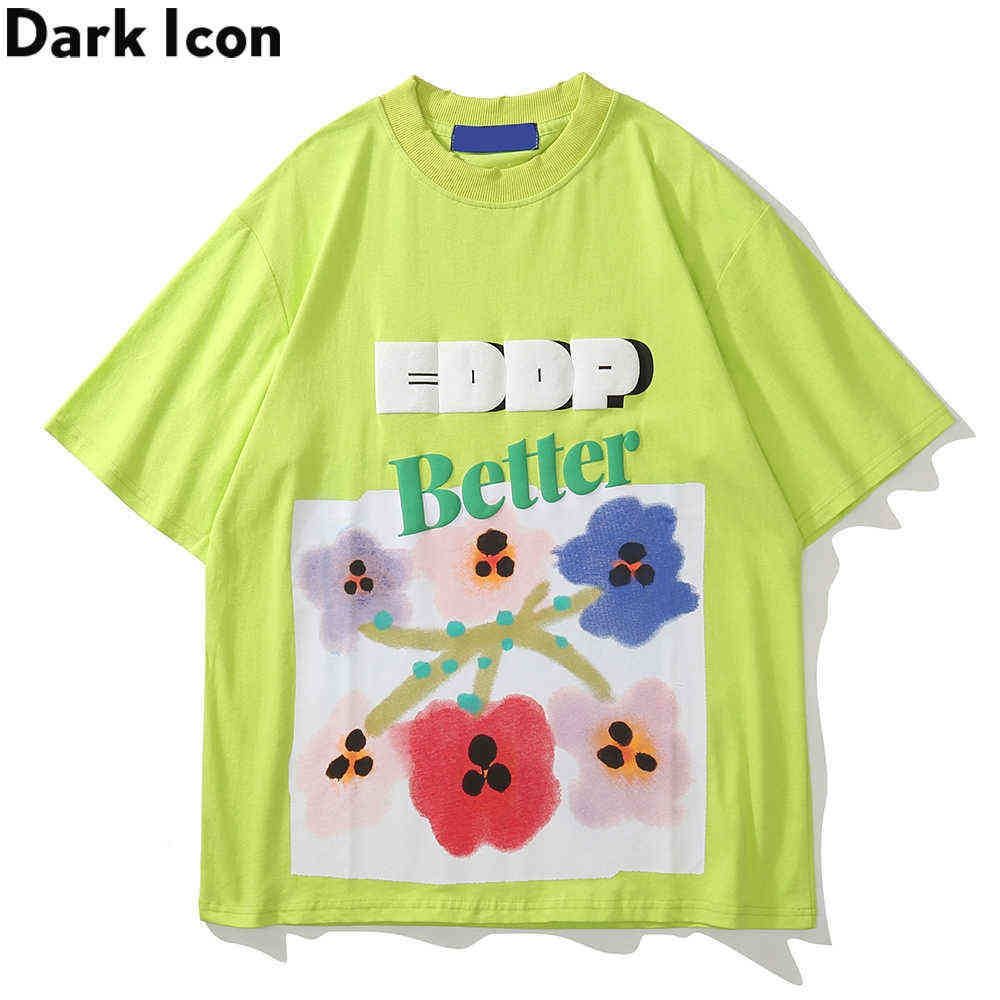 

Floral Printed Fluorescent Green Tshirt Men Women Summer Short Sleeved Cotton Tee Shirts Streetwear Couple T-shirt 210603