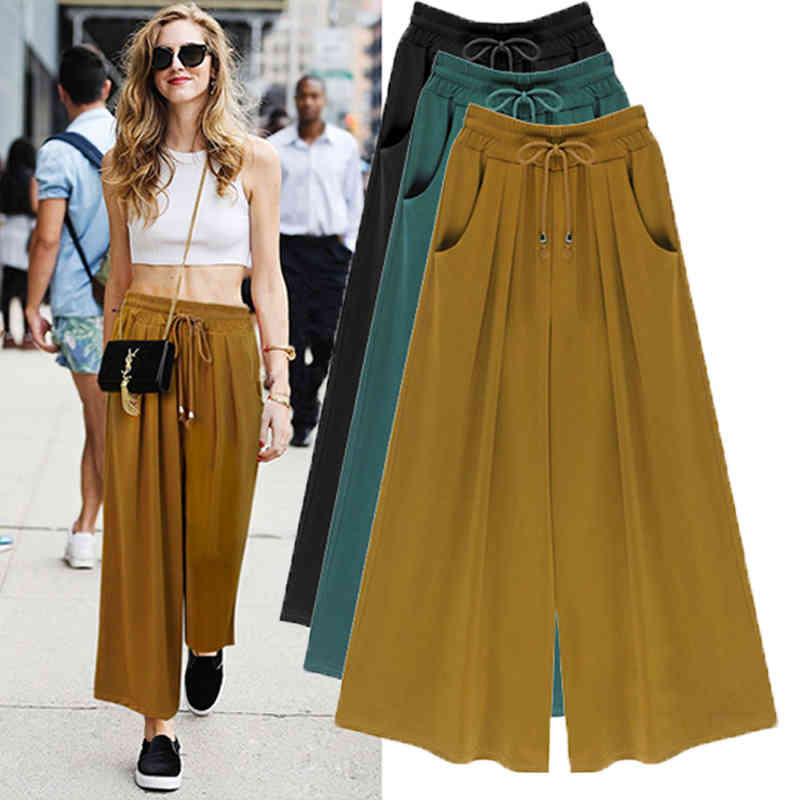 

Summer High Waist Women Chiffon Wide Leg Pants loose casual Plus Size  - 6XL Black green Khaki woman Trousers pants 210519, Yellow