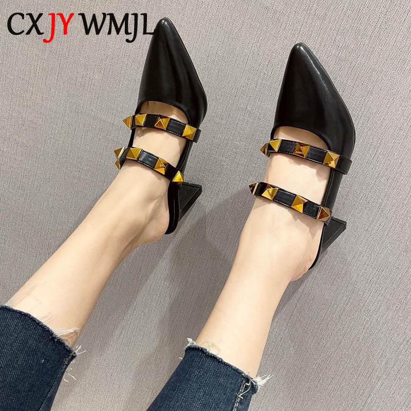 

Women Slippers Sexy Baotou High Heel Slides Summer Ladies Pointed Rivets 2021 Korean Style Modern, Black