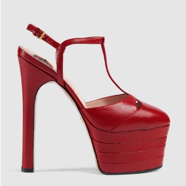 

Women's leather closed-toe Sandals, waterproof platform high heels, single stiletto heel with buckle, size: 34-43, red, Black