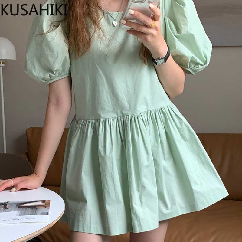 

Sweet High Waist A-line Dresses Korean Puff Sleeve Square Collar Vestidos Summer O-neck Woman Dress 6G807 210603, Pink