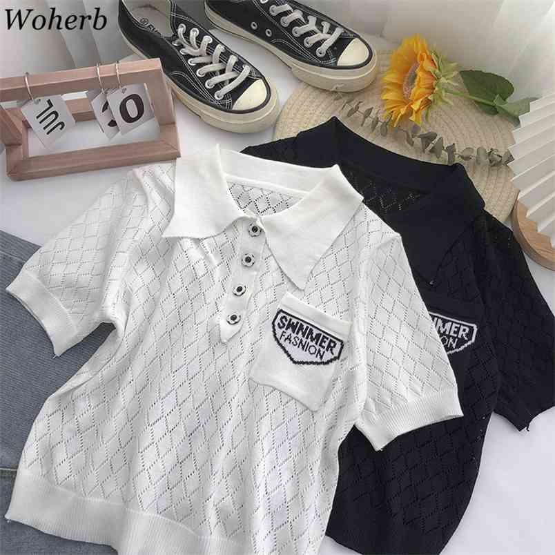 

Summer Solid Women Pullover Sweater Short Sleeve Letter Print Hollow Basic Knitwear Casual Fashion Vintage Ladies Jumper 210519, Black
