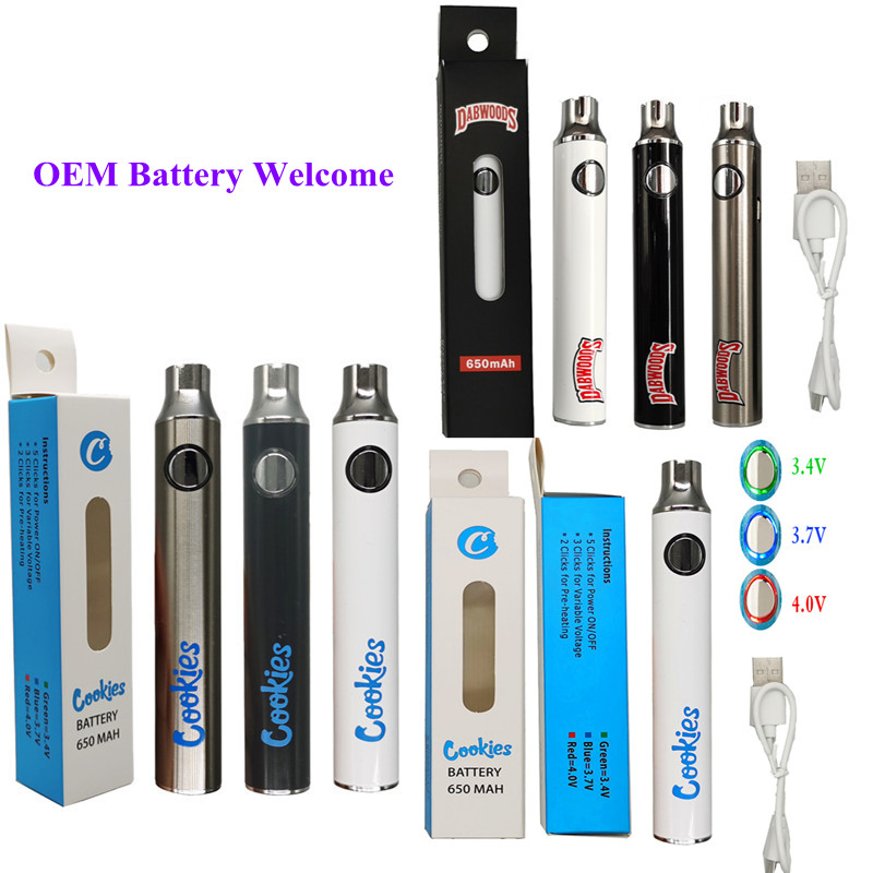

Dabwoods Vape Pen Battery Cookies 650mAh Preheat Vaporizer Pen 510 Thread Battery Variable Voltage USB Cable Charger cartridges Batteries Packaging In Stock