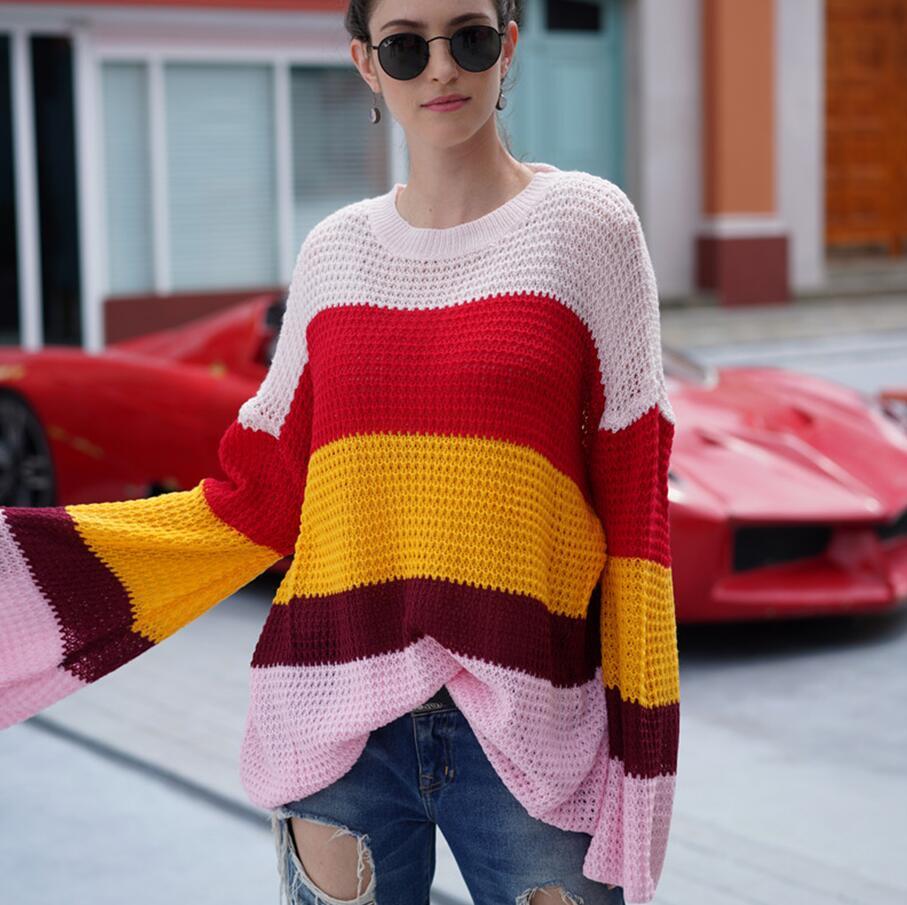 

Pullover Rainbow Sweater Women' Oversize Casual Large Size Flare Sleeve Knitted Sweater Autumn Winter Loose Female Jumpers 210521