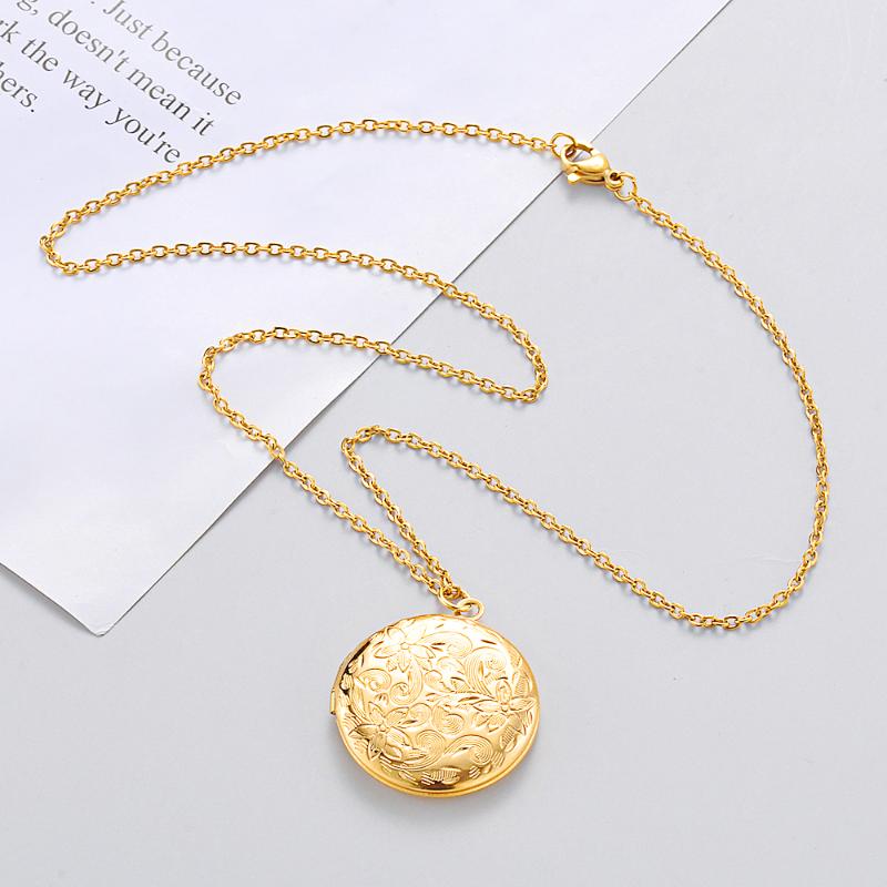 

10Pcs/Lot Flower Pattern Round Po Frame Pendant Necklace Mirror Polish Stainless Steel Memorial Locket Chains