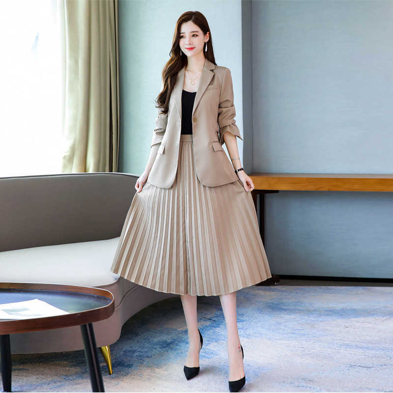 

Fall Women's Skirt Two Piece Set Casual solid color slim long sleeve ladies blazer coat Elegant high waist pleated skirt 210527