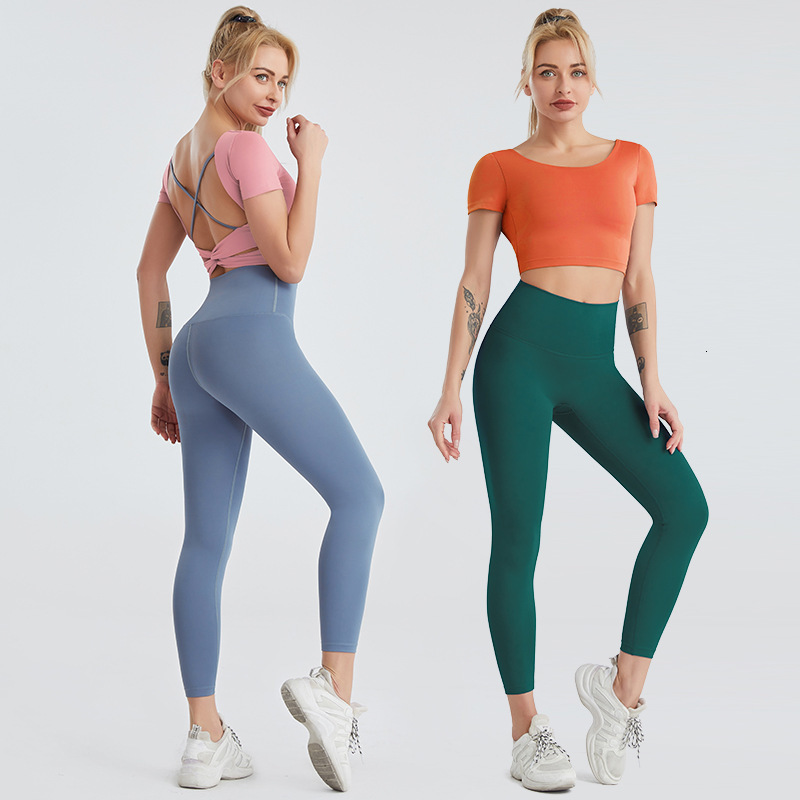 

tracksuits sportswear 2021 yoga suit women's naked back fitness high waist hip lifting sports tights two piece set, Gray