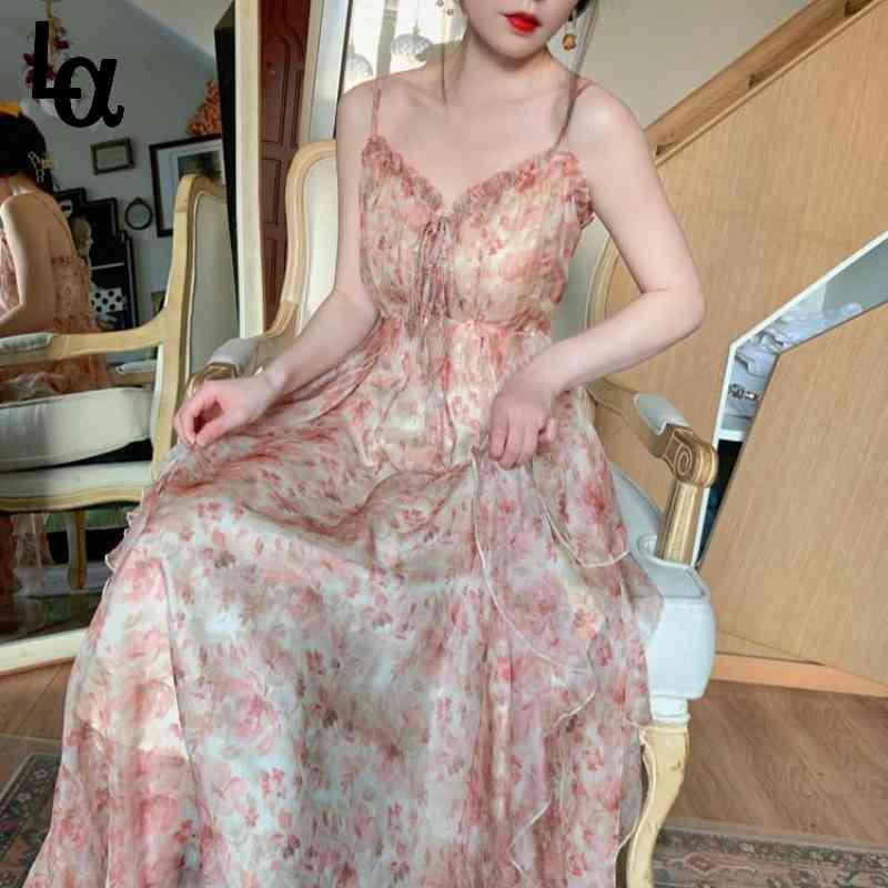 

Elegant Chiffon Print Dress Women Retro Sexy Sweet Fit Chic Spaghetti Strap Lace-up Corset Beach Summer 210519, Strap dress
