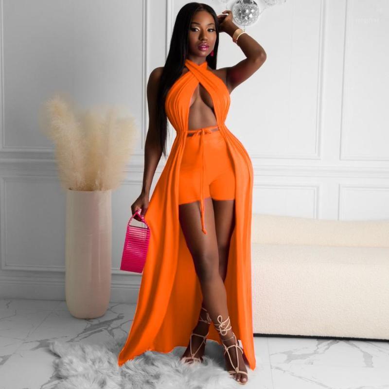 

Women' Tracksuits Crisscross Halter Neck 1 Piece Cape Solid Color Sleeveless Backless Cover Up With Waist Belt+Tight Bodycon Mini Shorts 2P, Black