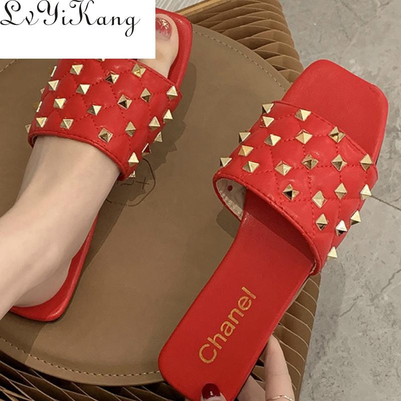 

Summer Square Toe Low Heel Women's Sandals Fashion Pu Rivet Flat Comfortable Casual Slippers For Woman, Black